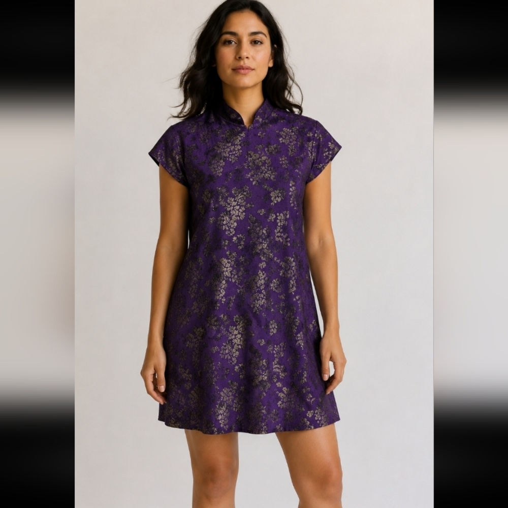 Vintage Handmade Purple Floral Metallic Short Sleeve Dress Medium